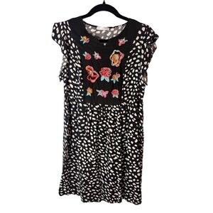 Kirundo Womens Black White Dalmatian Print Embroidered Floral Mini Dress Small